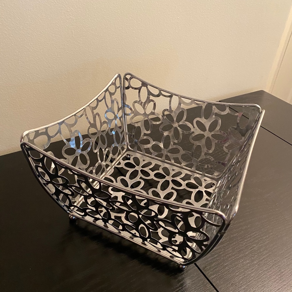 Silver Flower Metal Square Basket